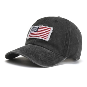 Vintage washed charcoal baseball cap with embroidered American flag in 45-degree view