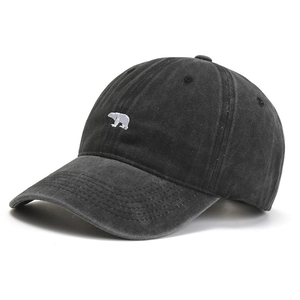 Vintage dark grey washed cotton baseball cap with polar bear embroidery and curved brim