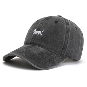Vintage charcoal grey washed cotton baseball cap with white dog embroidery on front