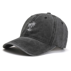Classic washed grey cotton baseball cap featuring a white coconut tree embroidery detail