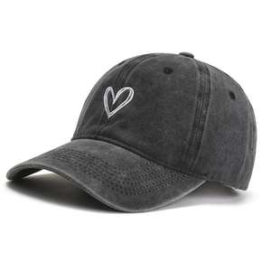 Washed dark grey cotton baseball cap featuring minimalist white heart embroidery