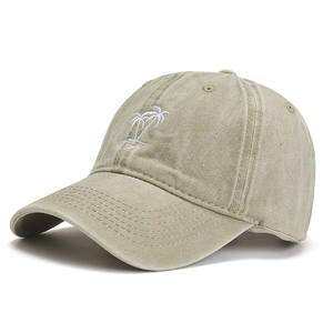 Vintage khaki washed cotton baseball cap with white palm tree embroidery for outdoor wear