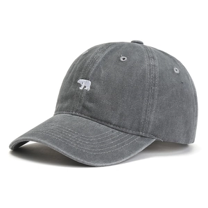 Vintage dark grey washed cotton baseball cap with polar bear embroidery for sun protection