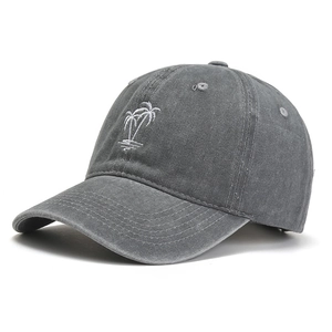 Vintage washed dark grey cotton baseball cap with white coconut tree embroidery detail