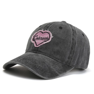 Washed grey cotton baseball cap with pink heart embroidery and Colorado lettering for women