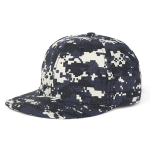 Flat brim baseball cap with blue digital camouflage pattern and snapback style