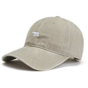 Olive green baseball cap with white polar bear embroidery in a classic vintage style