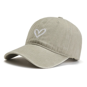 Vintage grey-green washed cotton baseball cap with white heart embroidery for women