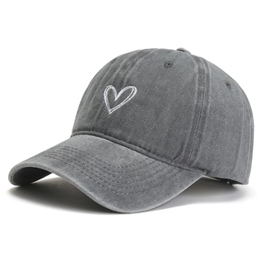 Classic washed dark gray cotton baseball cap with white heart embroidery and vintage texture