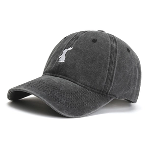 Vintage Washed Cotton Baseball Cap With White Bunny Embroidery Adjustable Soft Top Sun Protection Hat For Men Women