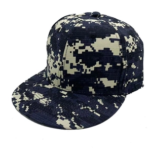 Flat brim baseball cap featuring a blue digital camouflage pattern for hip-hop style