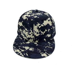 Digital camouflage flat brim hip-hop baseball cap in dark blue and black camo pattern