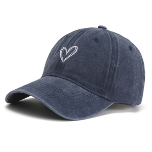 Washed dark blue cotton baseball cap with white heart embroidery for women sun protection