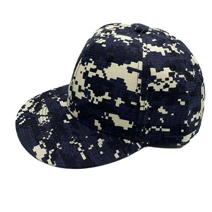 Detailed view of the blue digital camouflage pattern on a flat brim hip hop baseball cap