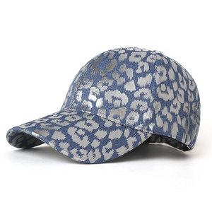Women casual baseball cap with blue grey leopard print and metallic finish for outdoors