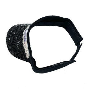 Women's black sun visor hat with sparkling rhinestones and adjustable strap closure