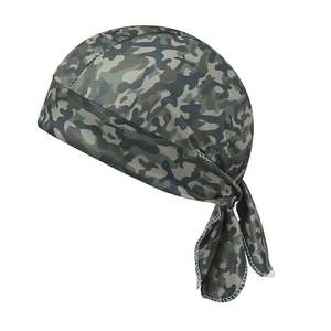 Close-up of woodland camouflage cycling bandana with adjustable straps and breathable fabric