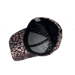 Navy blue leopard print baseball cap with rose gold patterns and adjustable metal buckle