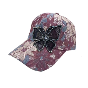 Casquette de Baseball en Dentelle pour Femmes Strass Papillon Floral Chapeau de Soleil Respirant Réglable Mode Été