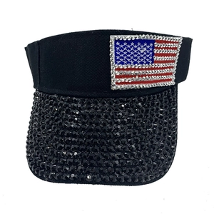 Women's black sun visor hat with rhinestones and American flag pattern on front