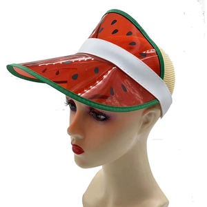 Close-up of watermelon-themed empty top hat with red transparent PVC sun visor and mesh