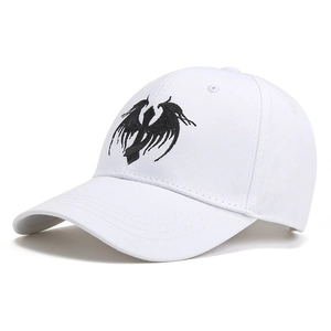 White cotton baseball cap with black dragon embroidery and adjustable strap
