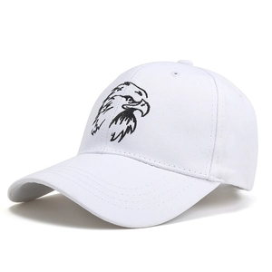 White cotton baseball cap with black eagle embroidery, side view of high-quality sun hat