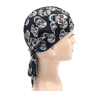 Black skull print pirate headwrap bandana with red glitter eye accents for outdoor cycling