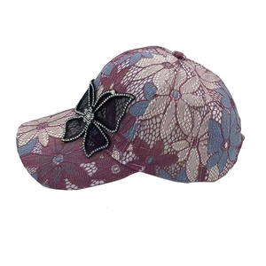 Casquette de baseball en dentelle pour femme avec papillon strass et motif floral