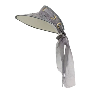 Detail of wide brim sun hat with breathable mesh and elegant grey chiffon scarf tie