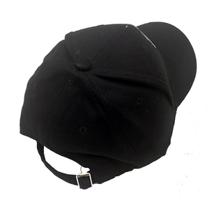 Black hip hop baseball cap with adjustable metal buckle strap on a clean white background