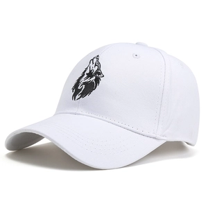 White baseball cap with black wolf embroidery, six-panel cotton curved brim sun hat