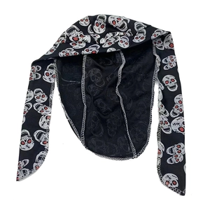 Fashionable black durag with white skull and red eye print for cycling and streetwear