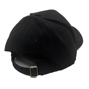 Rear view of black cotton baseball cap with adjustable metal buckle and wolf embroidery
