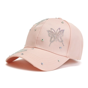 Pink baseball cap for women with rhinestone butterfly and star patterns on canvas