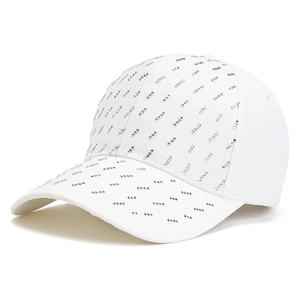 Detailed close-up of white baseball cap with shimmering silver rhinestone embellishments