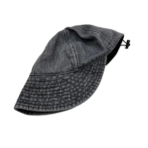 Vintage dark grey washed denim bucket hat with adjustable drawstring and wide brim