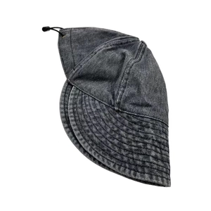 Vintage dark gray washed denim bucket hat with wide brim and adjustable drawstring