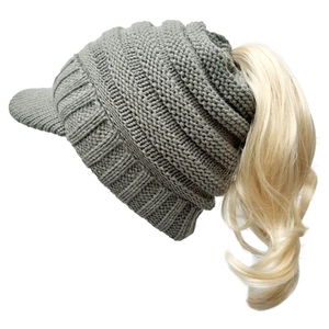 Women's grey knitted ponytail beanie with visor and warm fleece lining for winter outdoor