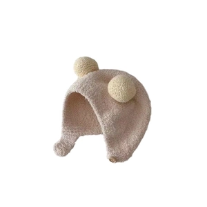 Cute Baby Plush Ear Protection Beanie Winter Warm Soft Beanie Hat With Pom Poms Button Fastener For Toddler Boys Girls
