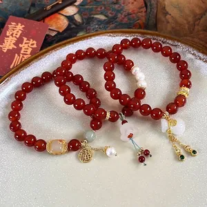 Bracelet Vintage en Agate Rouge et Perles Artificielles Avec Pendentif Muguet Style Chinois Bijoux Porte-bonheur pour Femme