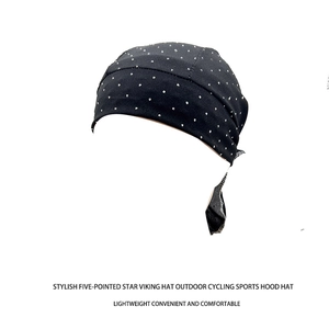 Close-up of black pirate headscarf featuring decorative silver rhinestone mesh pattern