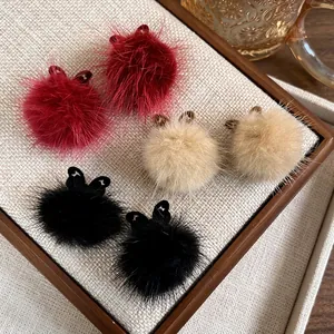 Hollow Butterfly Faux Fur Ball Stud Earrings Elegant Sweet Design Autumn Winter Plush Ear Studs For Women Jewelry Gift