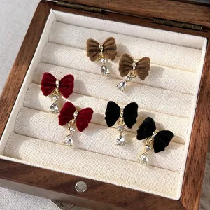 Retro Flocked Fabric Bowknot Stud Earrings For Women Elegant Gold Plated Rhinestone Water Drop Pendant Earrings Vintage Jewelry Accessories