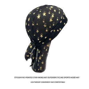 Black durag headwrap with gold star patterns for cycling and outdoor sports headwear