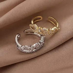 Luxury Copper Zirconia Double Layer Open Ring Marquise Leaf Adjustable Crown Jewelry For Women Wedding Party Gifts