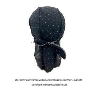 Detail of black cycling bandana cap with silver star pattern and adjustable back tie
