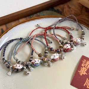 Handmade woven ceramic lucky cat bracelets with bells and adjustable colorful cords