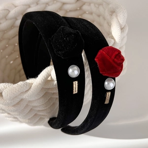 Elegant black velvet headband featuring 3D rose flowers, pearls and golden metal plate