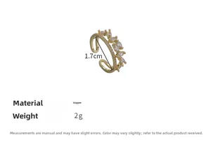 Detailed view of leaf shaped cubic zirconia double layer adjustable open ring